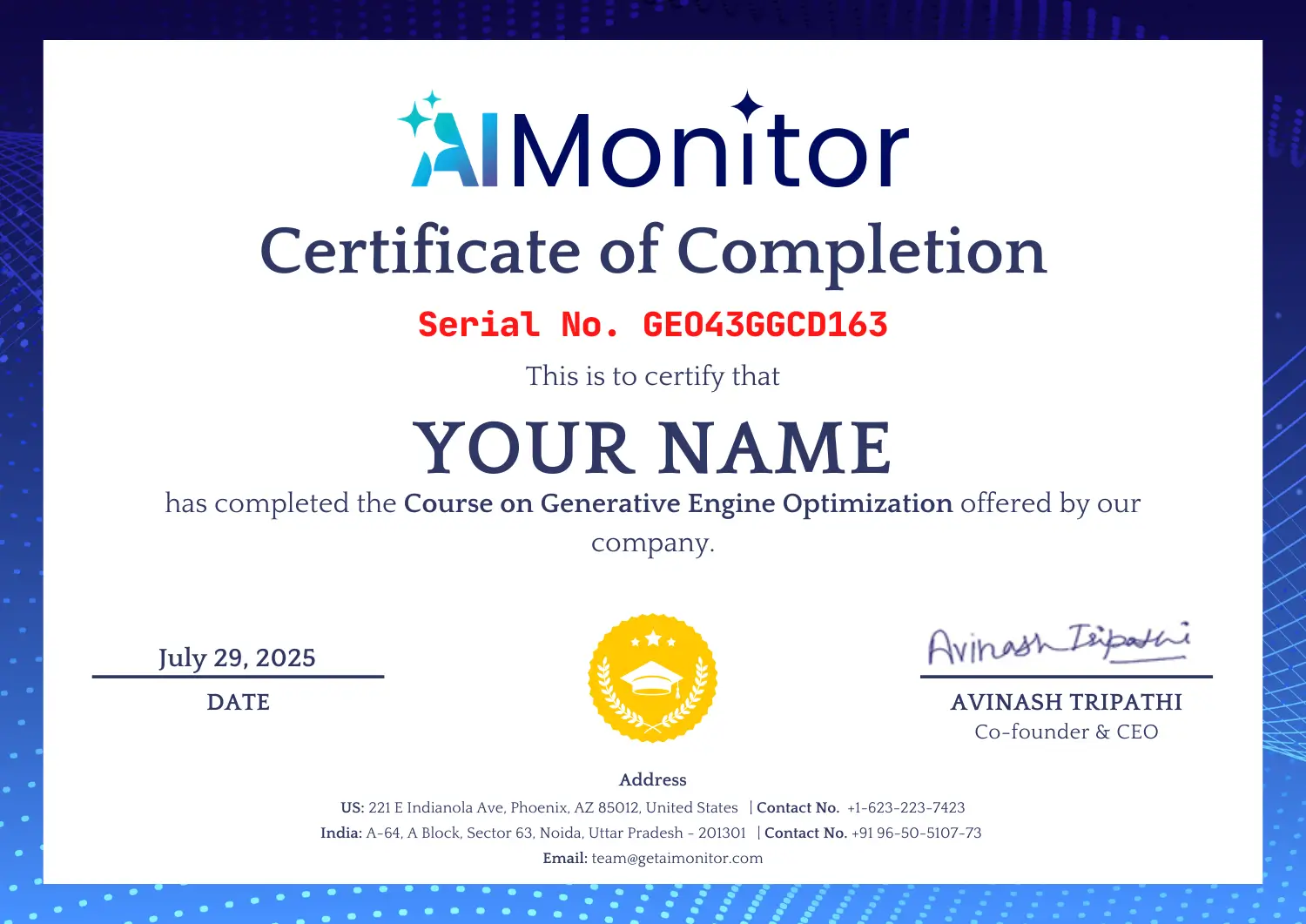 Sample certificate for course completion